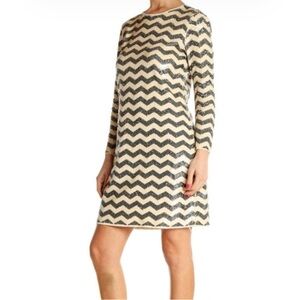 J. Crew Chevron Patterned Sequined Black and Cream Dress Large